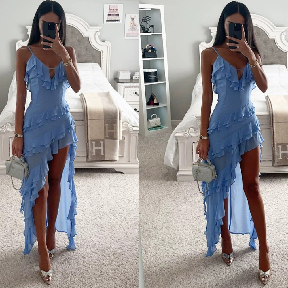ZARA Sexy Spaghetti Strap Irregular Ruffle Hem Solid Color Dress